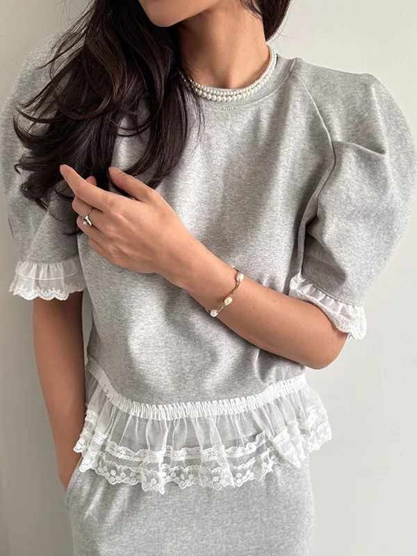 Conjunto de moda coreana para mujer, Top corto con empalme de encaje y manga de burbuja, falda de media longitud adeazante ...