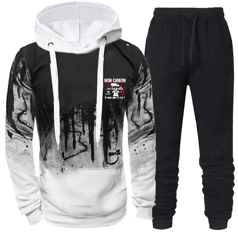 هوديي رجالي أسود رمادي مطبوع كيف تصميم نص كانيون سويت شيرت بنطال رياضي مجموعة ملابس رياضية كاجوال للارتداء اليومي و Wo