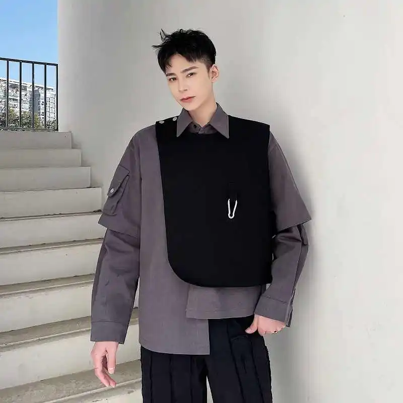 Autumn Fashion Functional Long Sleeve Shirt Men's Clothing Two-Piece Set with Detachable Vest Design Niche Top Camisa Masculina