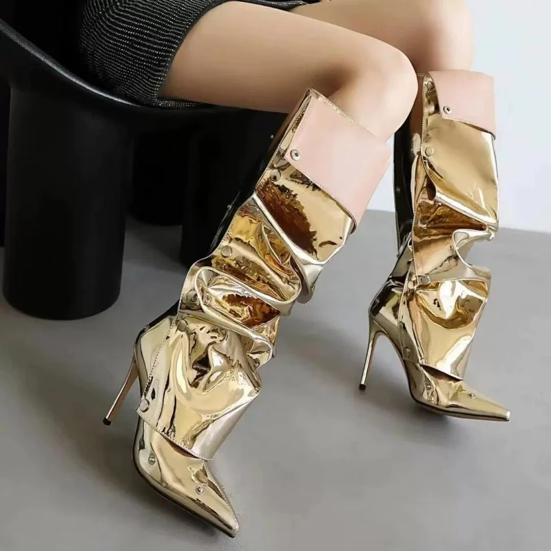 2025 Woman Camouflage Button Pointed Toe Knee High Boots Denim Patchwork Metal Rivet Two-Piece Stacked Long Boot Shoes For Women