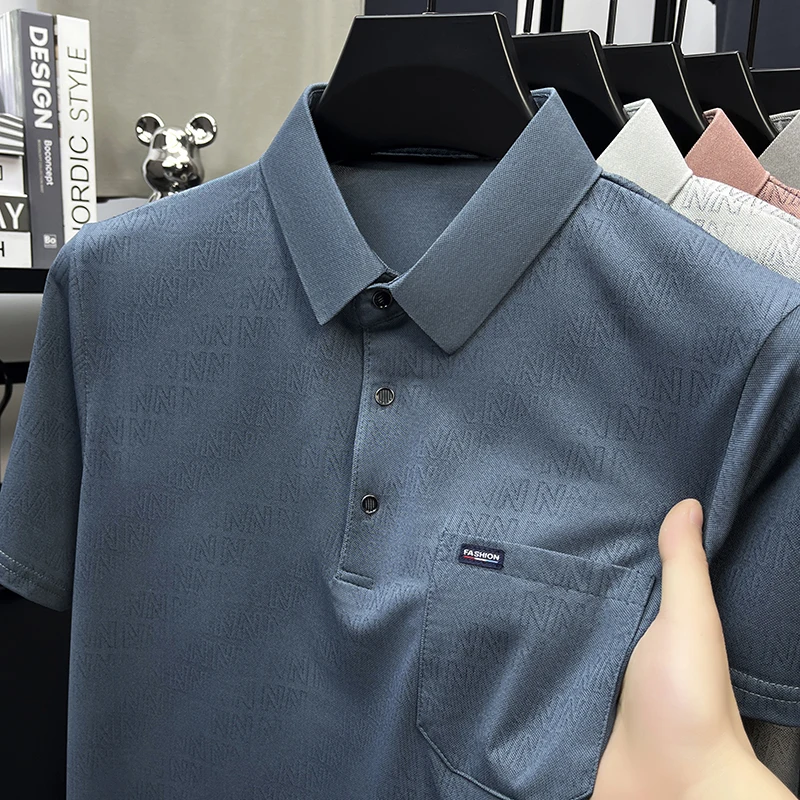 Summer New Short Sleeved Printed Real Pocket Polo Shirt, Men's Collar Button T-Shirt, Casual and Versatile High-End Men's Top