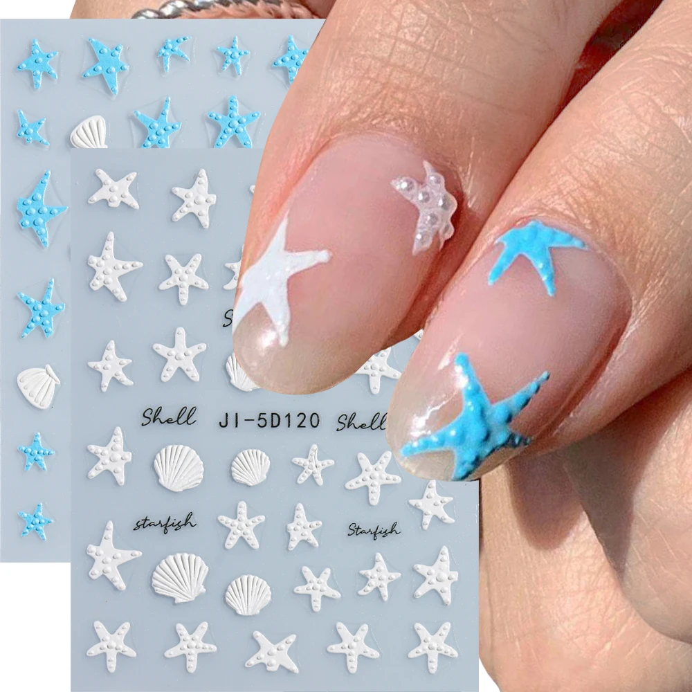 5D letnie oceaniczne naklejki na paznokcie muszle rozgwiazda litery naklejki motyl ulga suwaki Charms DIY Manicure dekoracje LEBJI-5D119