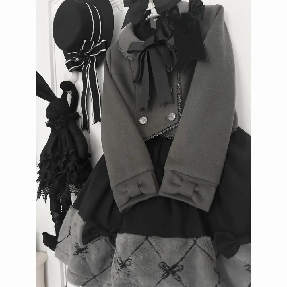 Winter Sweet Soft Girl Bow Double-breasted Jacket Stitching Skirt Two-piece 2026 Autumn and Winter Warm Lolita Suit