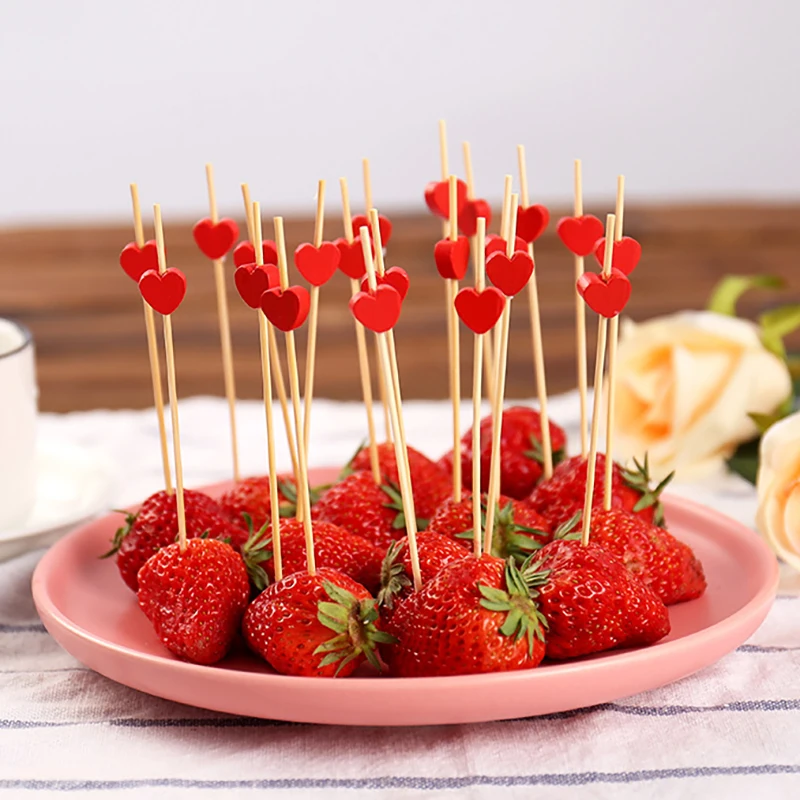 50Pcs Love Heart Bamboo Pick Buffet Cupcake Fruit Fork Dessert Salad Stick for Wedding Birthday Valentine's Day Party Decoration