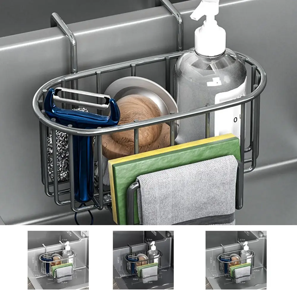 Wall Mounted Stainless Steel Sink Drain Basket Waterproof Silver/Black/Grey Soap Holder Rack Hanging with Rod Sink Storage Rack