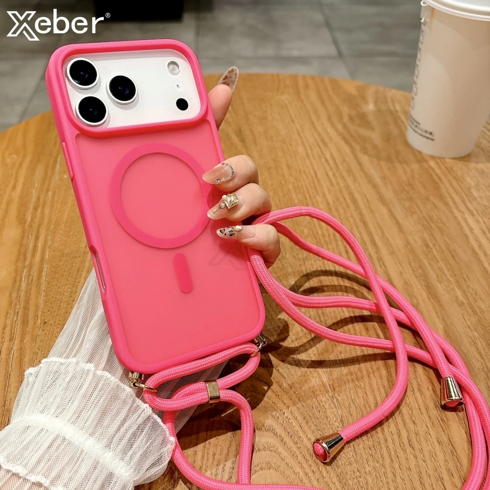 Crossbody Lanyard Strap Matte Magnetic For Magsafe Case For iPhone 17 Pro Max 16 15 14 Plus 13 12 11 XR Wireless Charging Cover