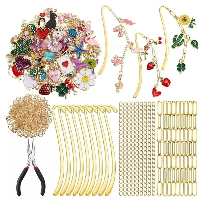 Making Kit 250 Pcs Metal Bookmarks, DIY Metal Bar Bookmark Set With Charms, Chains, Jump Rings And Tools For DIY Crafts