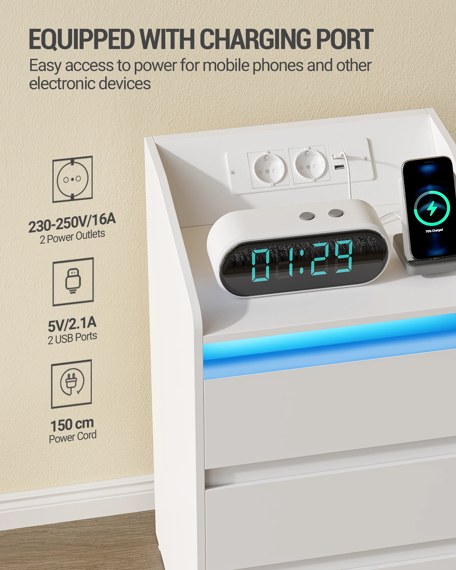 طاولة بجانب السرير مع 3 أدراج، طاولة جانبية مع قاعدة شحن وLED، 2 تيار متردد ومنفذي USB لغرفة النوم وغرفة المعيشة، أبيض #4