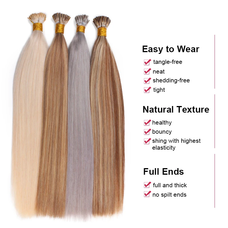 Straight I Tip Hair Extensions Natural Real Human Fusion Hair Extensions 50pcs/ Set Keratin Capsule Brown Blonde Color 12-26inch