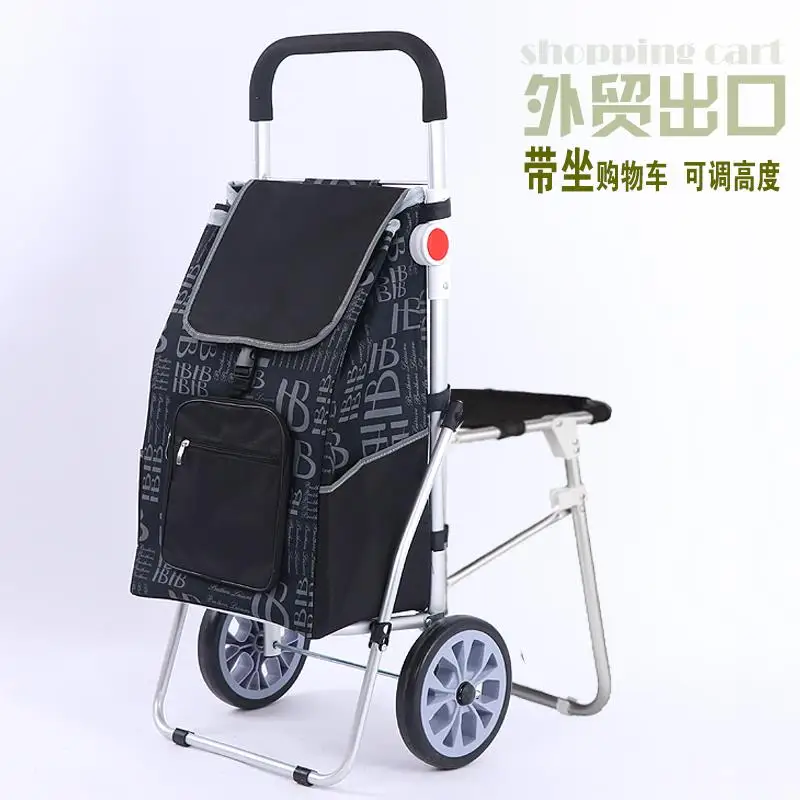 Large heightened aluminum alloy shopping cart with chair shopping cart Ultra-light thickened luggage cart