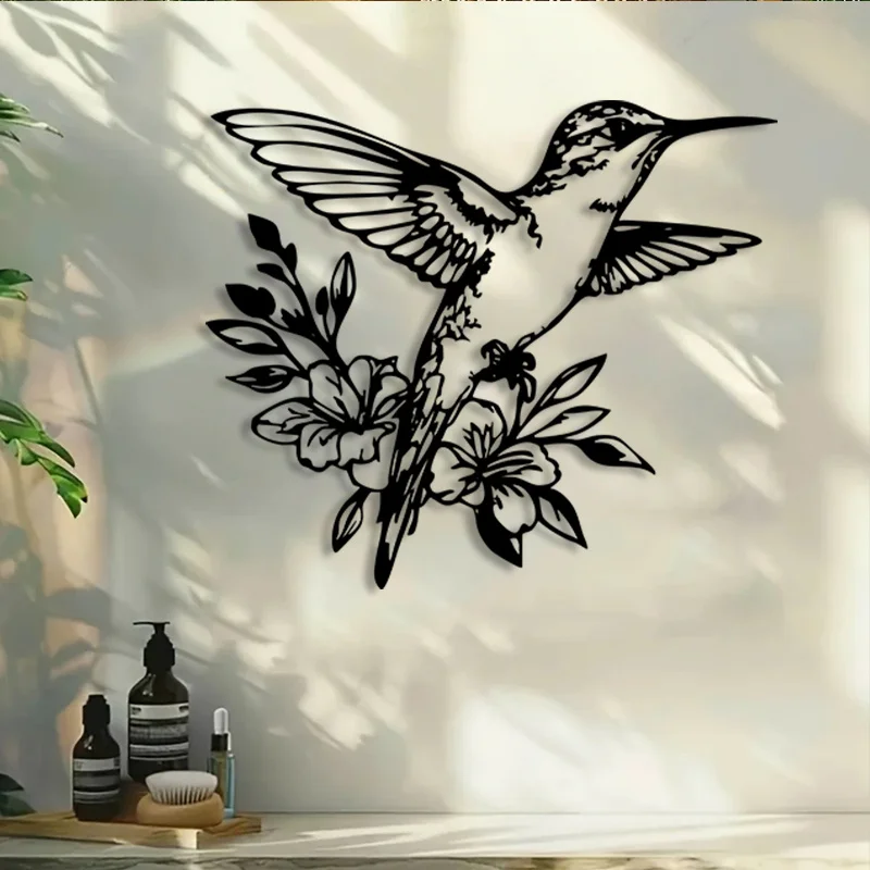 1PC Hummingbird Flower Branch Metal Wall Art, Black & White Iron Sculpture, Indoor Nature Decor for Kitchen Bedroom Living Room
