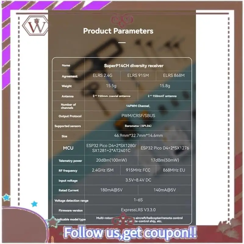 ABBG-para BETAFPV Superp receptor de diversidad RX 14CH con 2 antenas de doble recepción para RC FPV avión barcos Drones