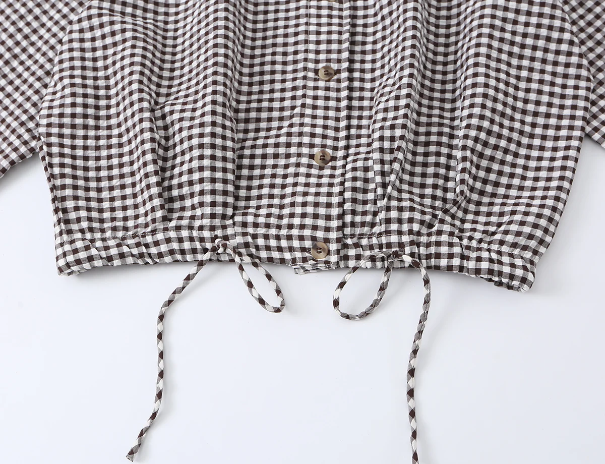 BSAY New Ladies Cropped Gingham Plaid Outerwear Stand Collar Long Puff Sleeve Button Up Drawstring Hem Casual Loose Check Jacket