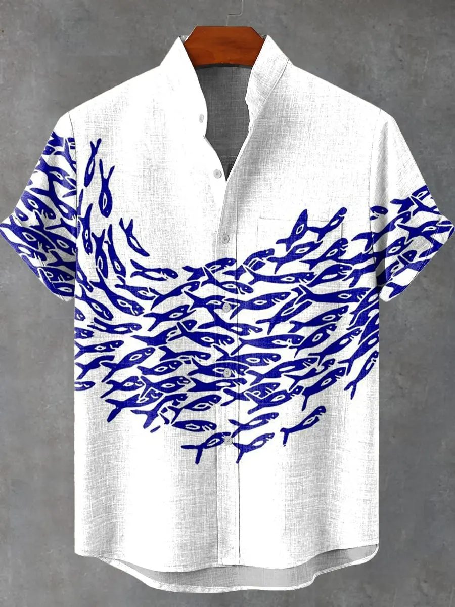 Men's new summer beach casual fish pattern short sleeved shirt fishing enthusiast clothing linen button up shirt - Image 3