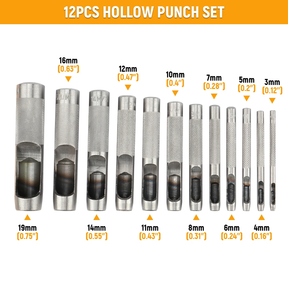 

12pcs Mix Size Round Hole Punch Hollow Cutter Set Lot for Gasket Rubber Leather Craft Belt Bag Clothing High Hardness Steel DIY