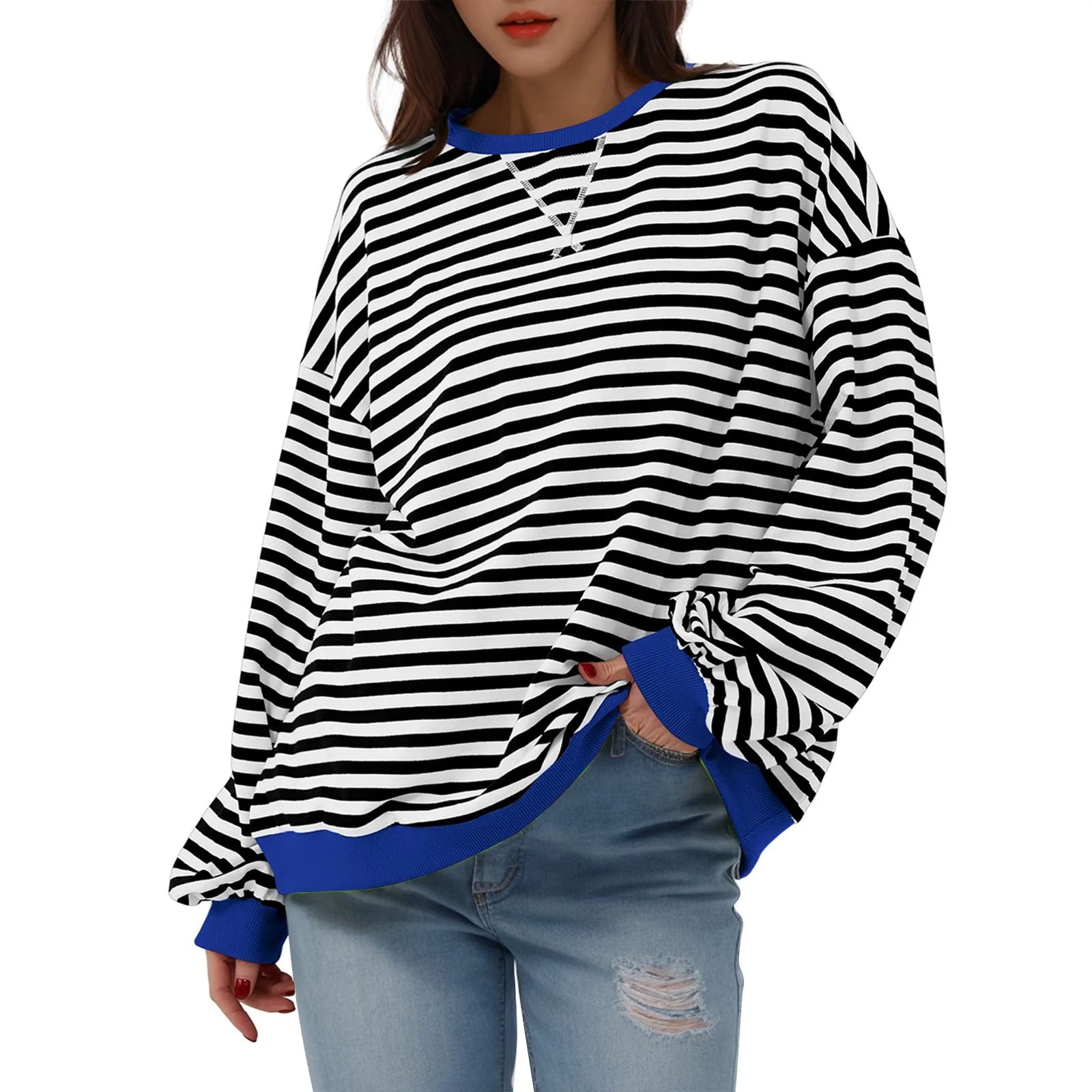 2024 new Women\'s Oversized Striped Color Blocking Long Sleeved Round Neck Sports Shirt Casual Loose Fitting Pullover Shirt Top