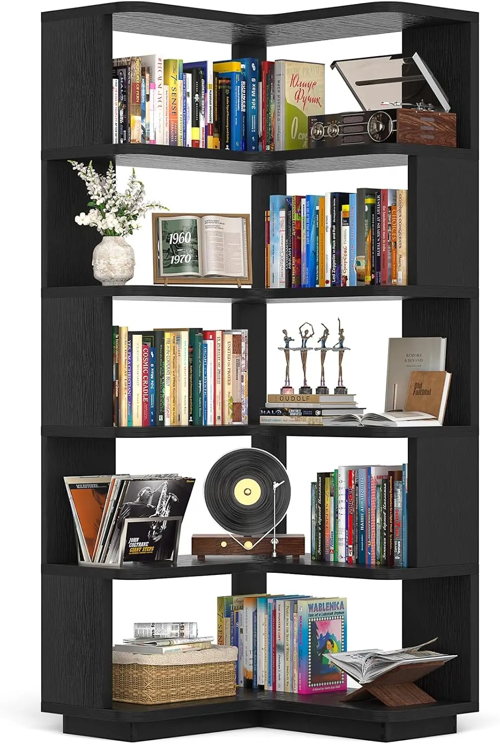 Corner Bookshelf Storage Organizer Display Rack With Protective Baffles For Living Room Bedroom Home Office Kitchen, Freestanding Multipurpose Bookcase Furniture, Black