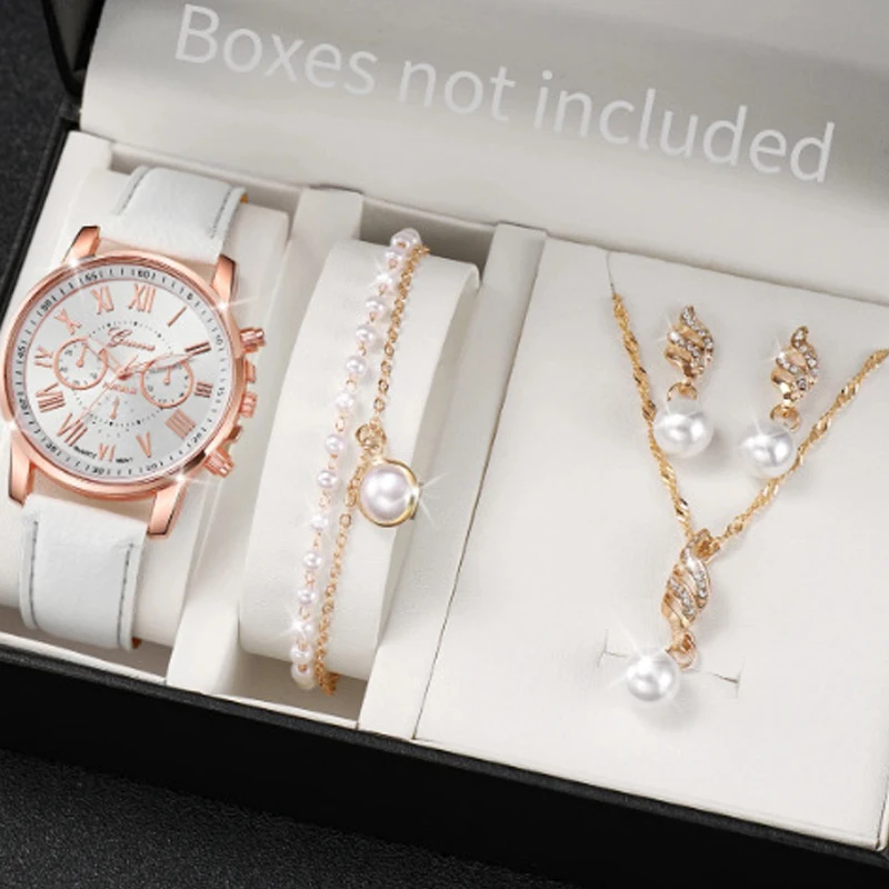 

6 шт./компл. модные женские кварцевые часы с кожаным ремешком, аналоговые наручные часы, комплект ювелирных изделий со стразами в форме сердца (без коробки)