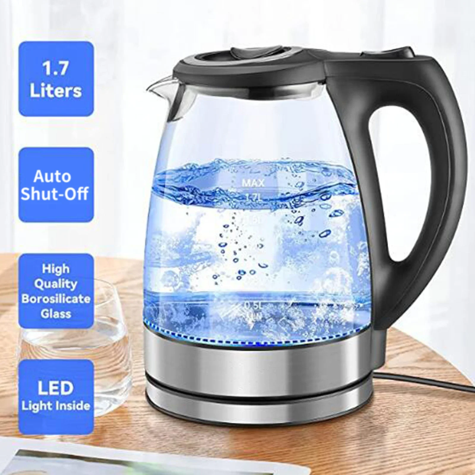 Electric Kettle 1.7L Glass Hot Water Heater for Tea Coffee Auto Shut-Off Kitchen Appliances Electric Kettles Tea Pots 110V 1500W