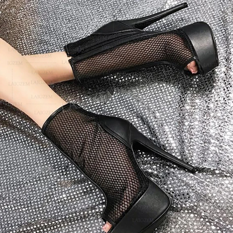 

BERZIMER Women Platform Pumps Peep Toe Thin High Heels Sandals Party Side Zip Black Handmade Shoes Woman Big Size 41 45 47 50 52