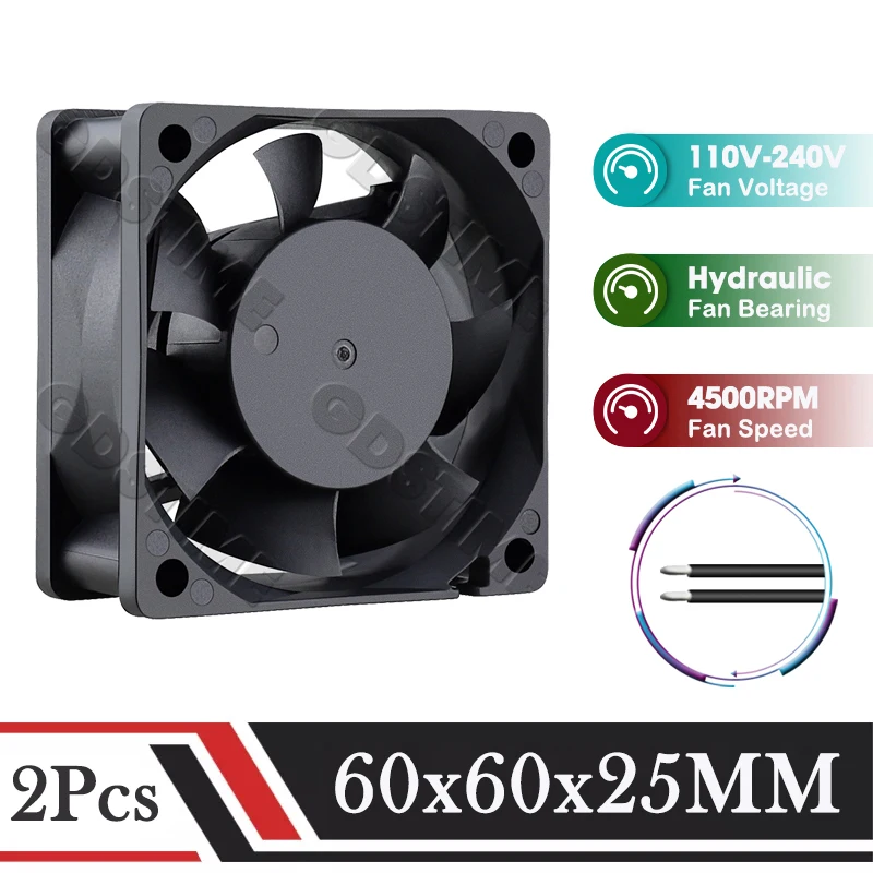 2Pcs Gdstime EC Fan 60MM*25MM 110V 120V 220V 240V Fan 6025 Brushless Axial Cooling Fan 6CM Cooler for Computer CPU Case Cooling