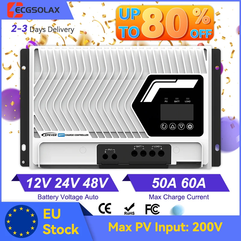EPEVER 50/60A MPPT Solar Charge Controller IP32 Waterproof 12V/24V/48V DC Auto Compatible with LiFePO4 200V PV Panel
