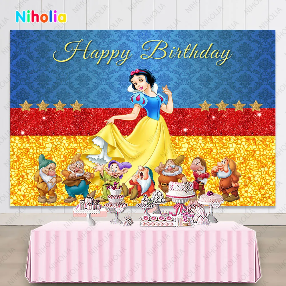 Disney Snow White Princess Background Decor Kids Girl Birthday Party Backdrop Seven Dwarfs Baby Shower Room Photo Banner Poster