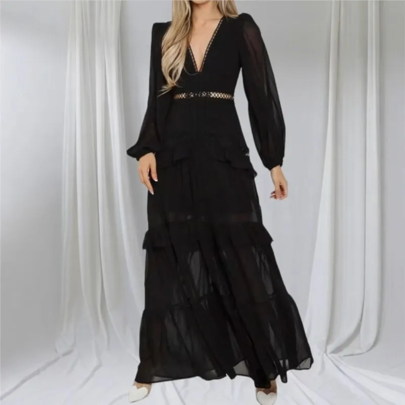 Moda elegância feminina longo maxi vestido 2025 rendas profundo decote em v manga cheia em camadas babados bordas vestidos de festa rua