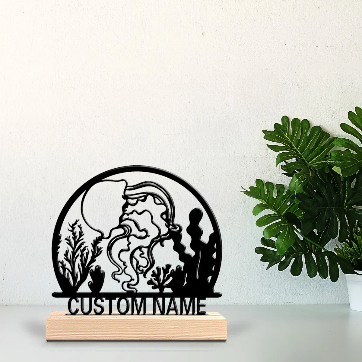 1pc Minimalist sea creature Personalized Letter Metal Statue Iron Ornament With Wood Base Iron Ornament For Girl Gifts