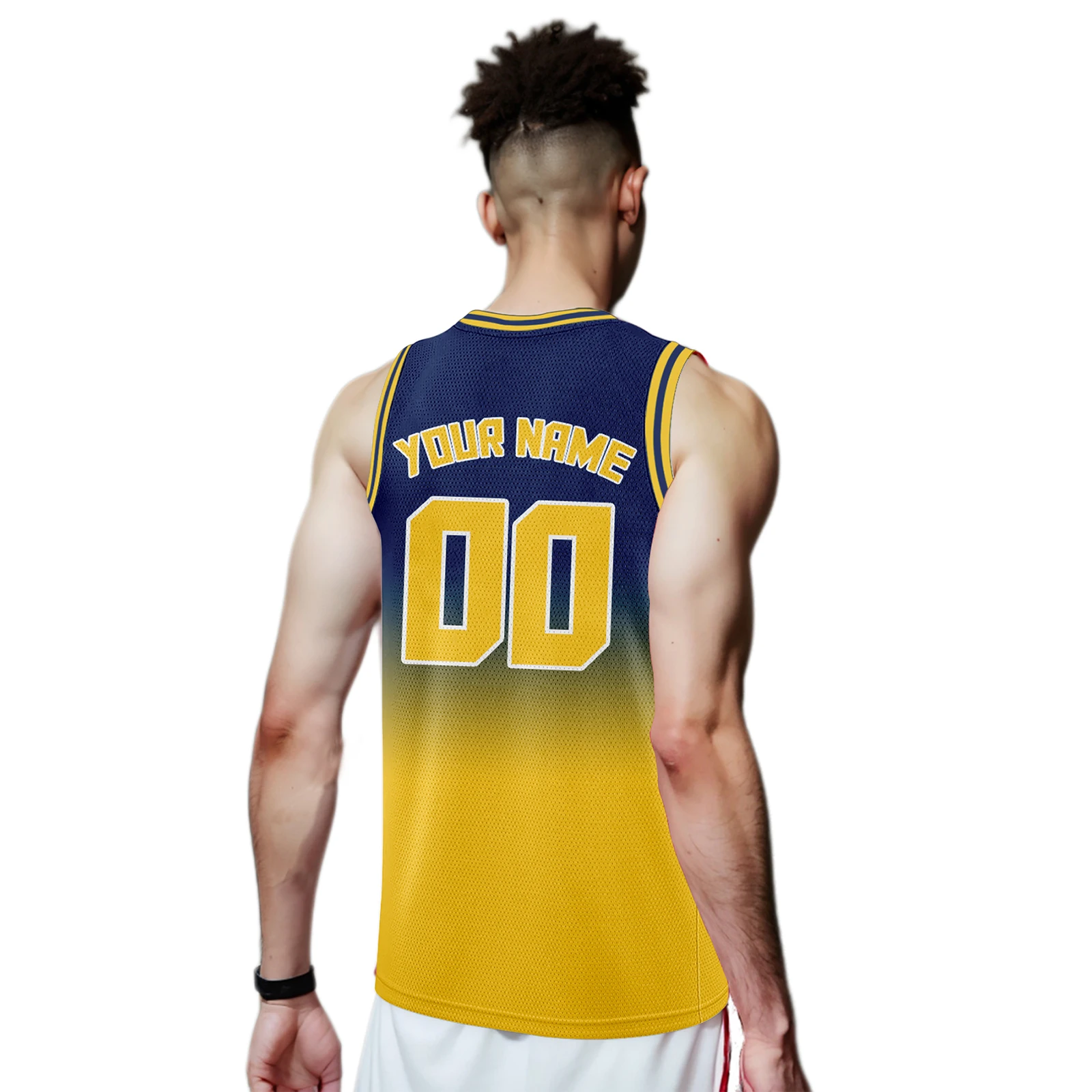 Gold Navy Custom Gradient Basketball Jersey with Team Name Number Logo Personalized Printed Basketball Training Uniform