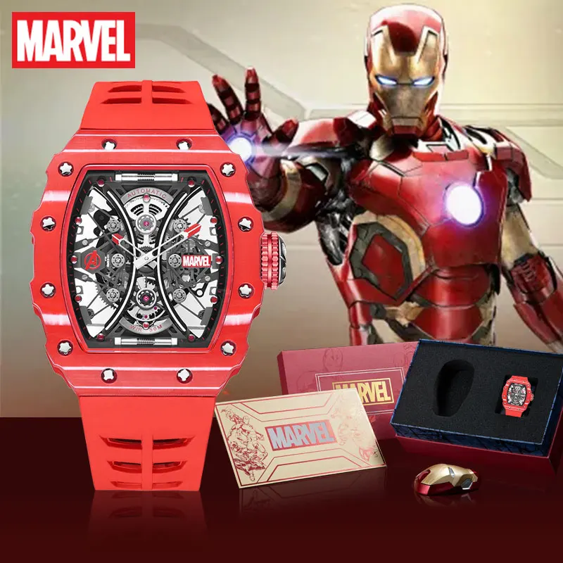 Marvel For Mens Watch Iron Man Male Mechanical Automatic Wristwatch Tonneau Carbon Fiber Dial Skeleton Sapphire New Reloj Hombr