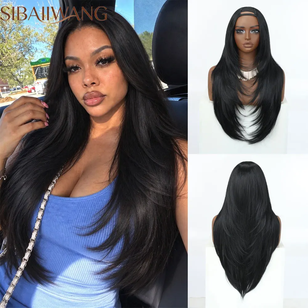 28 Inches Long Black U Part Half Synthetic Wig For Black Women Fashion High Layered Heat Resistant Fiber Daily Party Cosplay