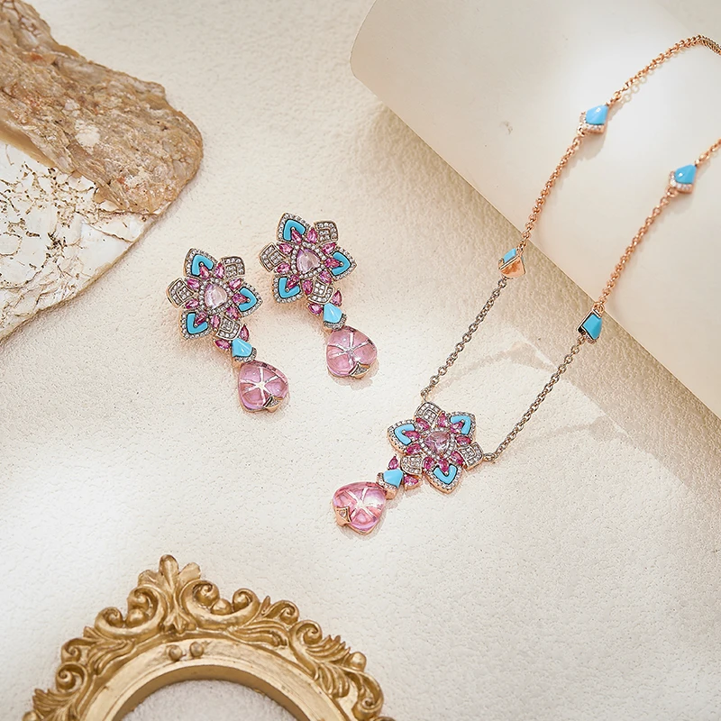 Vintage Fashion Style Earrings Necklace Women Lady Inlay Czech Zircon Turquoise Pearl Multi-strand Flower Fine Jewelry Sets