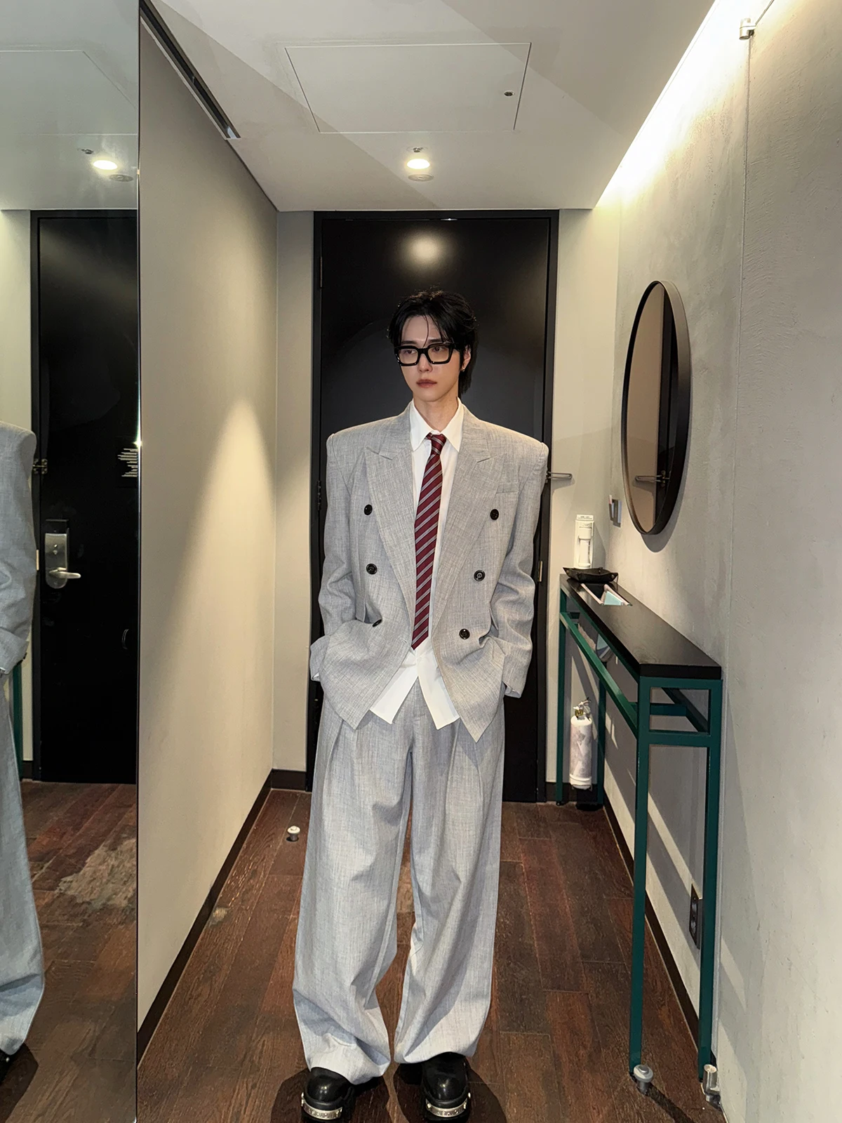 

Серый двубортный костюм для мужчин: повседневный деловой комплект свободного кроя, премиум-класса, универсальный, для подростков, весна-осень