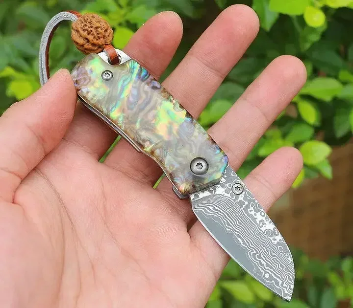 Abalone Mini Keychain Pocket Folding Knife Damascus Blade Abalone Shell Steel Handle Tactical Rescue Hunting EDC Survival Tool