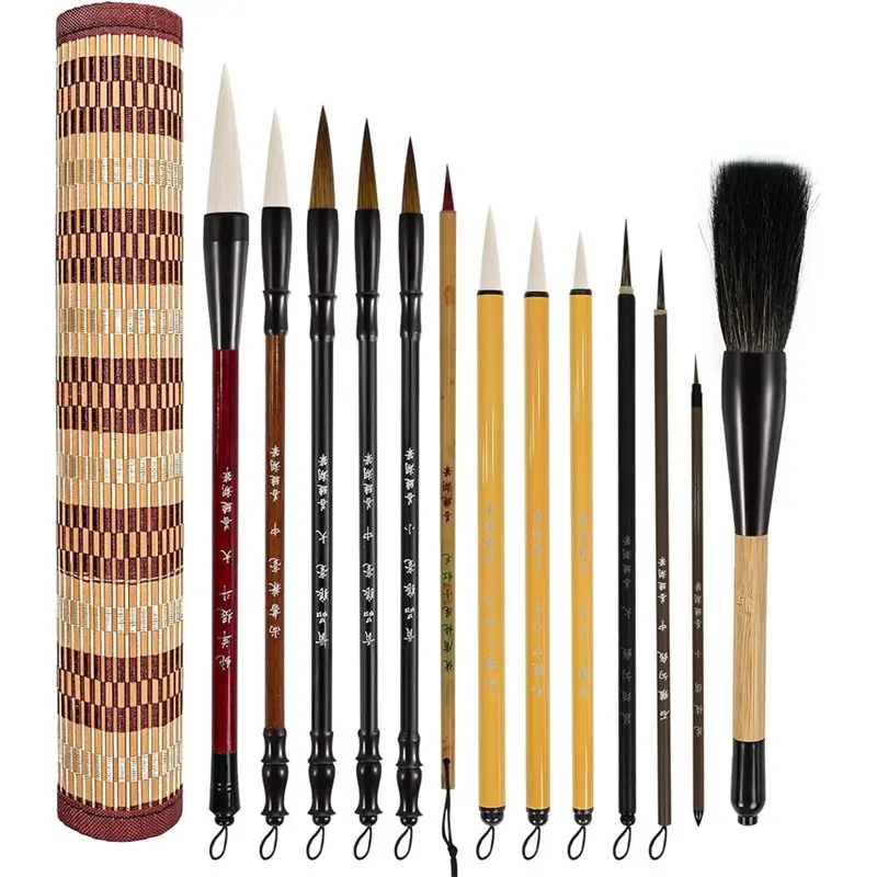 Chinese Calligraphy Brush Set 13PCS, Bamboo Storage Scoll, Chinese Kanji Sumi-E Watercolor Brush