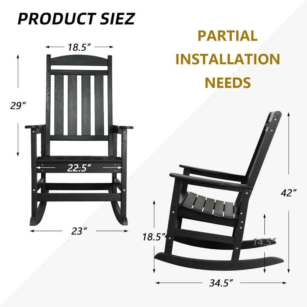 Juego de 2 sillas mecedoras de gran tamaño para patio de HDPE, mecedora para exteriores para adultos, balancín de porche resistente a todo clima para jardín y césped