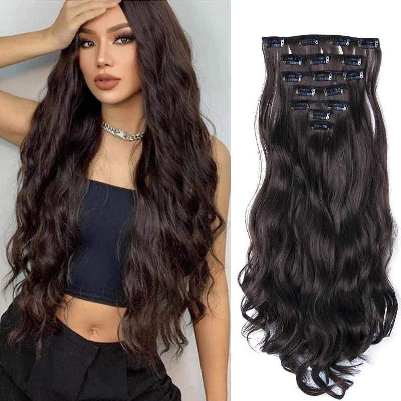 7Pcs/set 16 clips Synthetic Long wavy Hair Extensions Clips in Hair black Brown Suitable for Women Wig Hairpieces