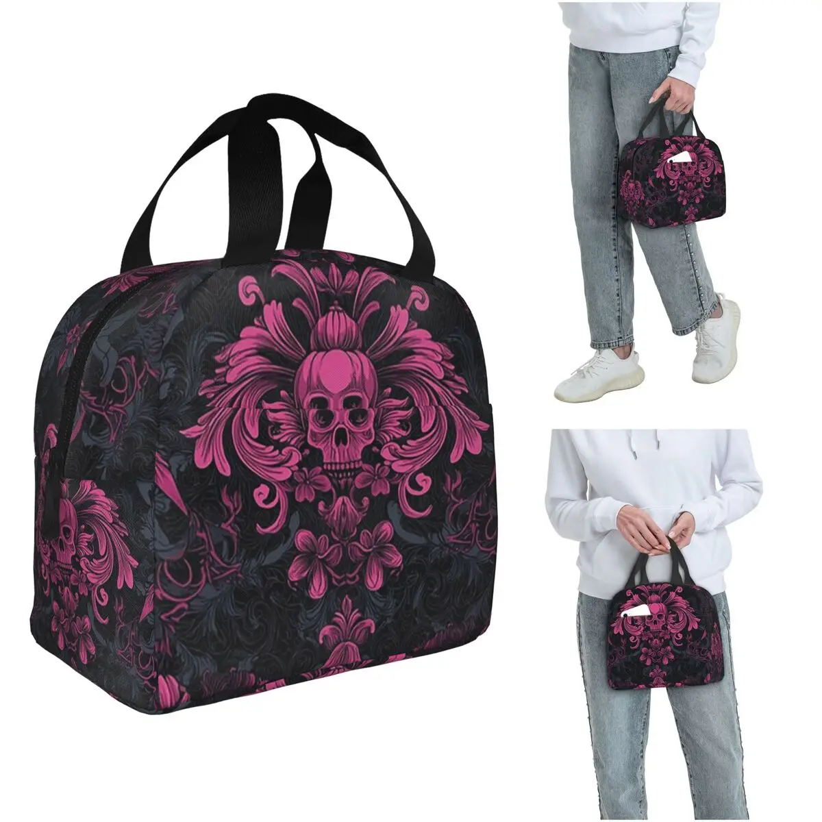

Готическая черная термосумка для обедов с узором в виде черепов и дамасского узора для женщин и детей, портативная термосумка для еды, термосумка-тоут