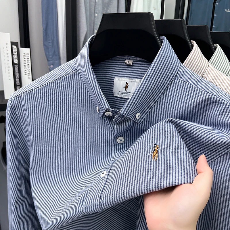 Luxury Men's Color Blocking Stripes Embroidery Shirt Autumn New Long Sleeved Lapel 100% Cotton Top Casual Commute Men's Clothing