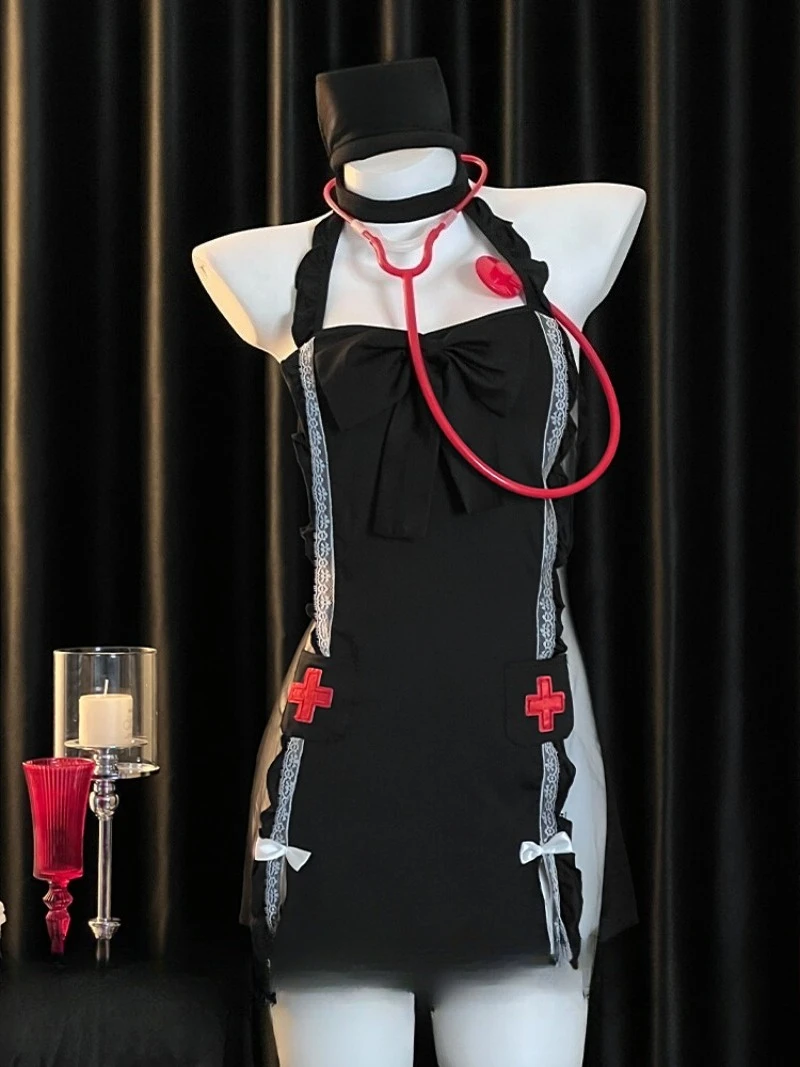 

Сексуальная униформа медсестры демона, нижнее белье в стиле Pure Desire, сетчатая прозрачная ночная рубашка с бантом и вырезом, женская ночная рубашка, горячая соблазнительная парная пижама