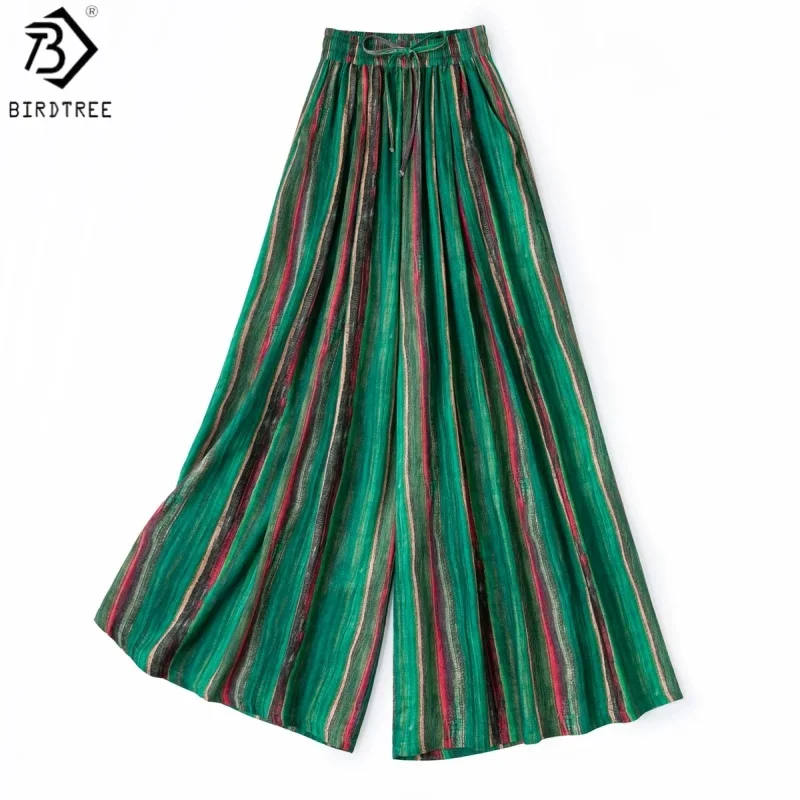 

Birdtree, 55% Silk 45% Cotton Wide leg Pants, Women Loose Drawstring Pocket Trousers, Elastic Waist, 2026 Summer New P66116JF