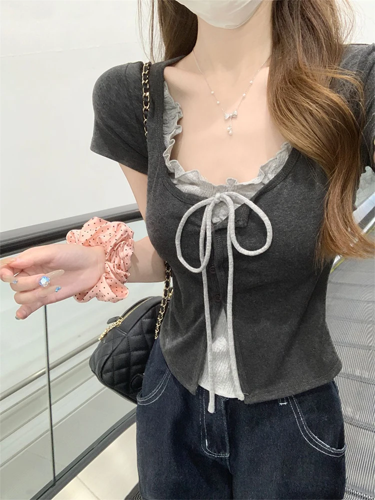 

Grey Lace Short Sleeve T-shirt 2025 Summer Slim Fit Women Tops Fashion Casual Lace-up Short Sleeve Tee Korean Clothing