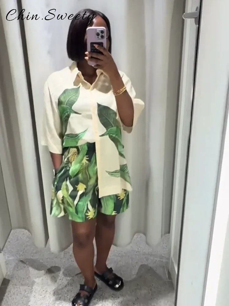 Chic Printed Shirts Shorts Sets Women Loose Lapel Half Sleeve Single Breasted Short Pants 2025 Summer Lady Beach Vacation Suits