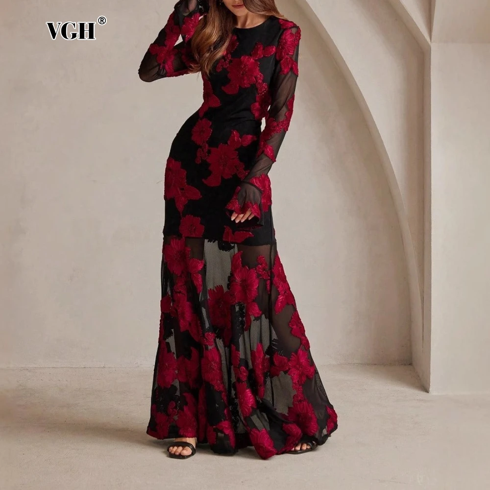 

VGH Sexy Spliced Sheer Mesh Backless Dresses for Women O Neck Longs Leeve Patchwork Appliques Temperament Evening Dress Female