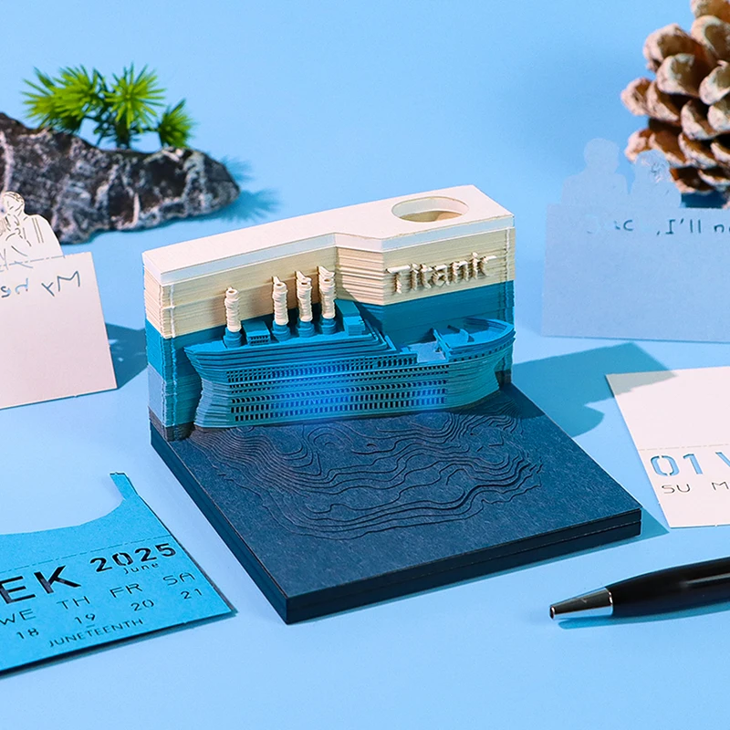 3D Ocean Liner Desk Calendar com Luzes LED, Memo Pad Criativo, Notas DIY, Notepad, Papel de Arte, 2025