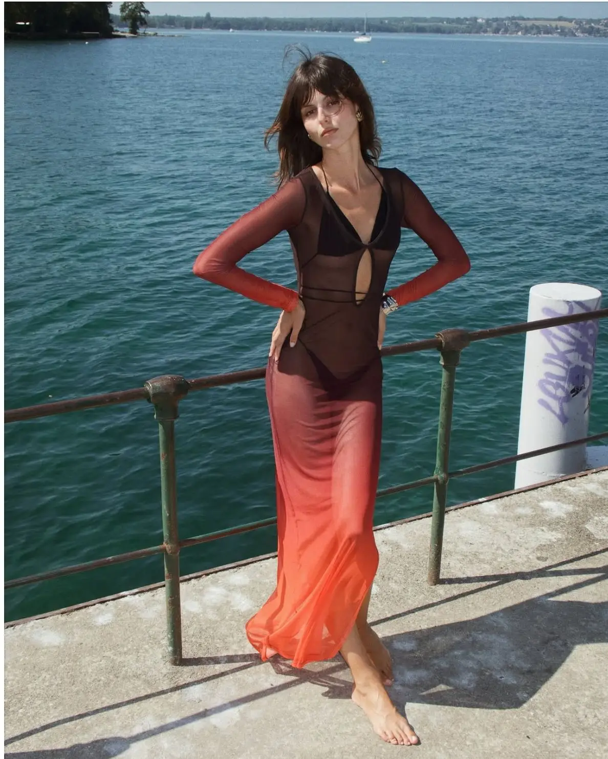 VEITCHE Mode Frauen Urlaub Stil Strand Langes Kleid Kontrast Farbverlauf Perspektive Hohl Schlitz 2025, Sommer Maxi Kleider