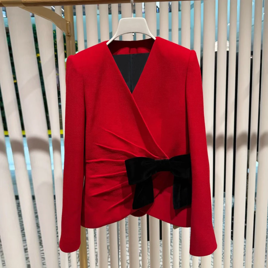 

Ретро-модный шерстяной пиджак с узлом, осенне-зимний, с роскошным цветочным дизайном, женский, с длинным рукавом, высоким воротником