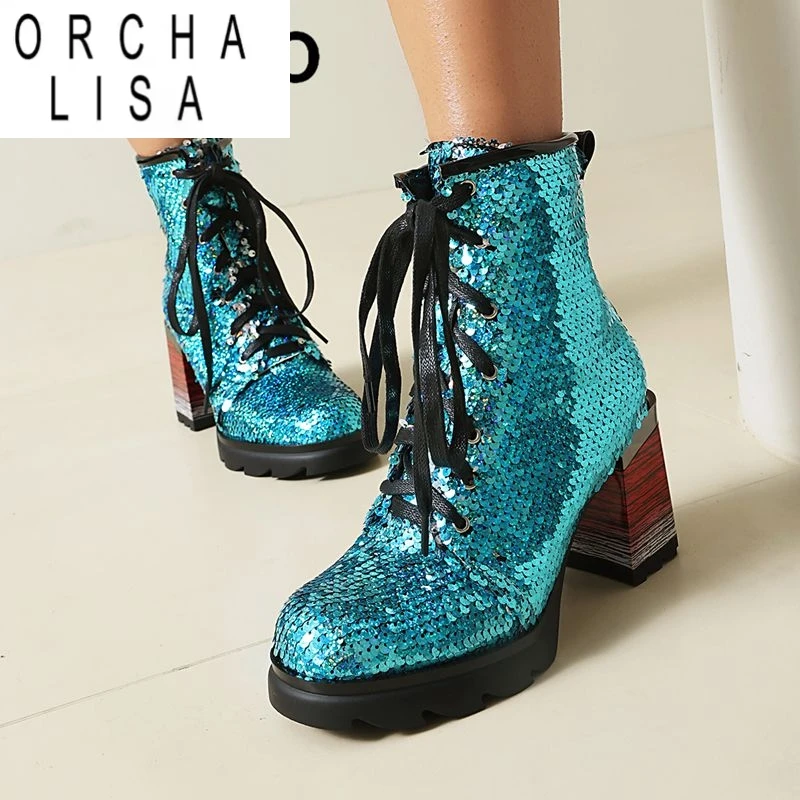 

ORCHA LISA 2025 Модные женские ботинки с круглым носком на блочном каблуке 8,5 см на платформе 2 см со шнуровкой Bling Сексуальные ботильоны для свиданий 41 42 43 44