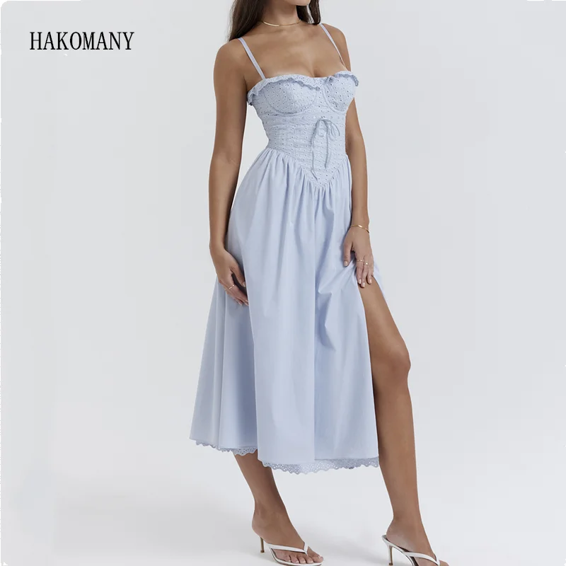 

2023 Women Ruffles Slash Collar Long Sling Robe Sexy Embroidery Hole Corset Style Low Waist Ruched Swing Hem Slit Midi Dress